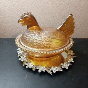 GORGEOUS Marigold Carnival Glass 7" Nest On Hen Dish